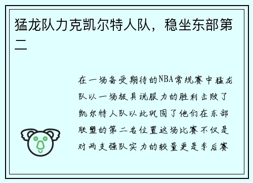 猛龙队力克凯尔特人队，稳坐东部第二